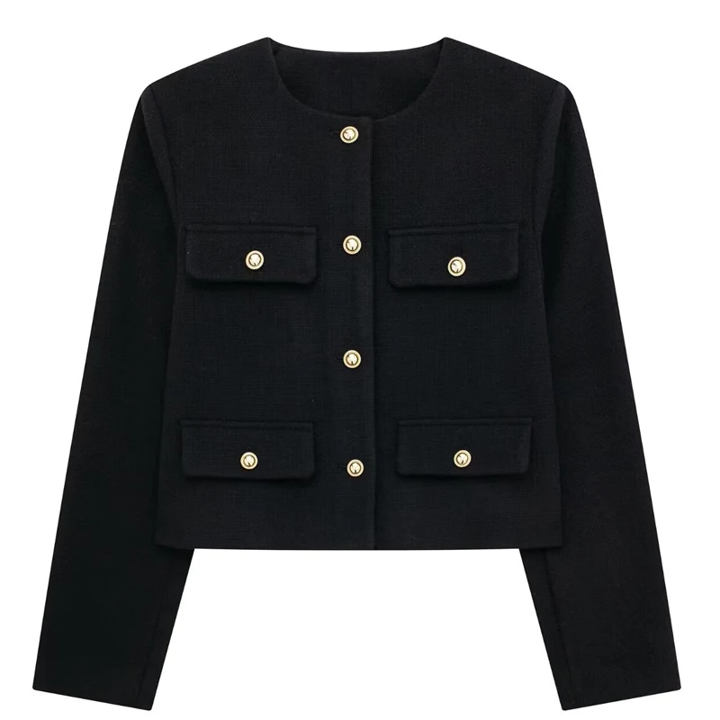 سترة نسائية لخريف 2025 سوداء مقصوصة بأكمام طويلة سترة قصيرة أنيقة للمكتب للسيدات ملابس خارجية غير رسمية بأزرار سترة علوية #4