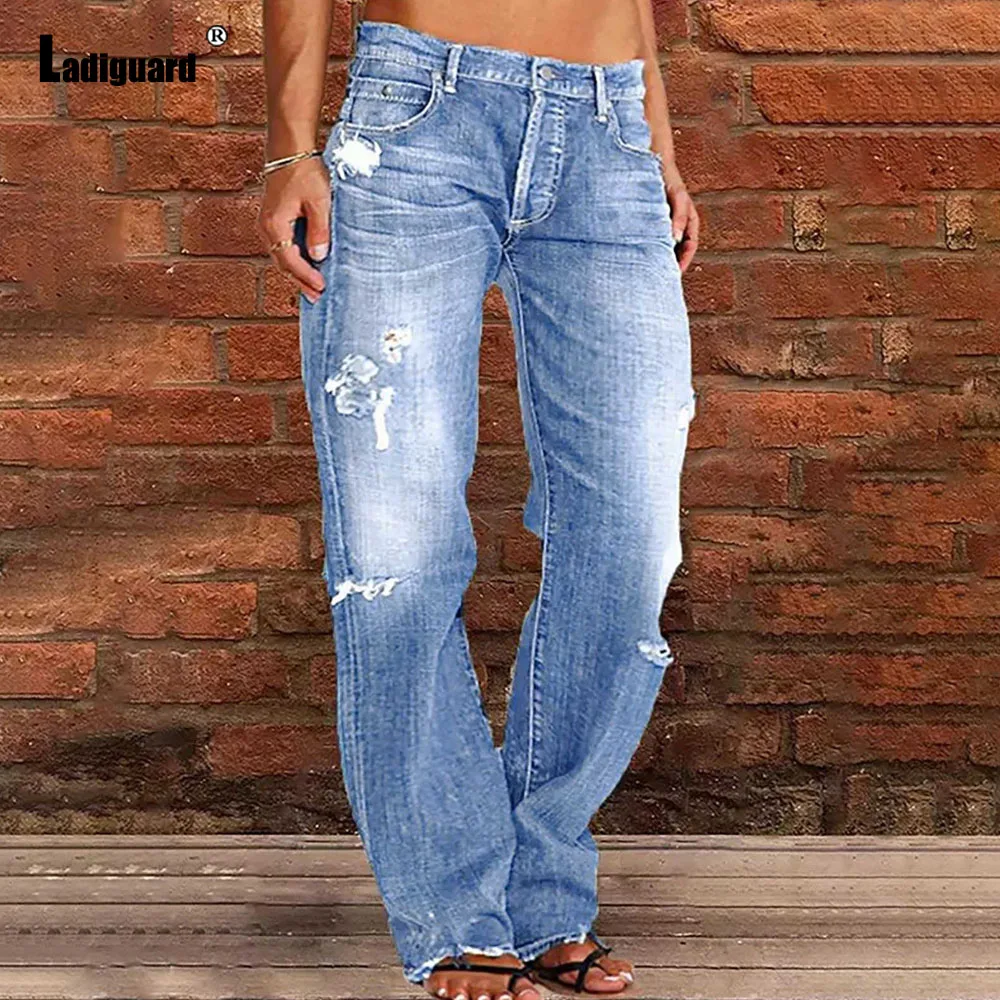 

2025 Women's Stand Pocket Fashion Hole Ripped Demin Pants Women Casual Straight Pants New Summer Autumn Basic Jeans Trouser