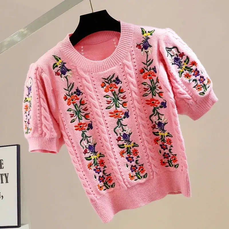 

Vintage Ele Embroidered Knitted Sweater Tirt Women Sum Autumn 2025 Other Material 00% Ladies Faionable Knitwear
