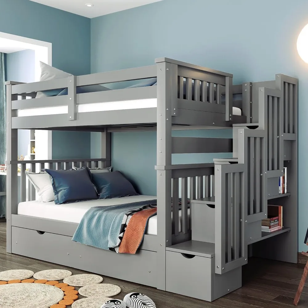 

Bunk Bed, with Stairs and 6 Storage Drawers, Wooden Bunks Beds with Storage Drawers, for Kids Teens Adults, Solid Wood Bunk Beds