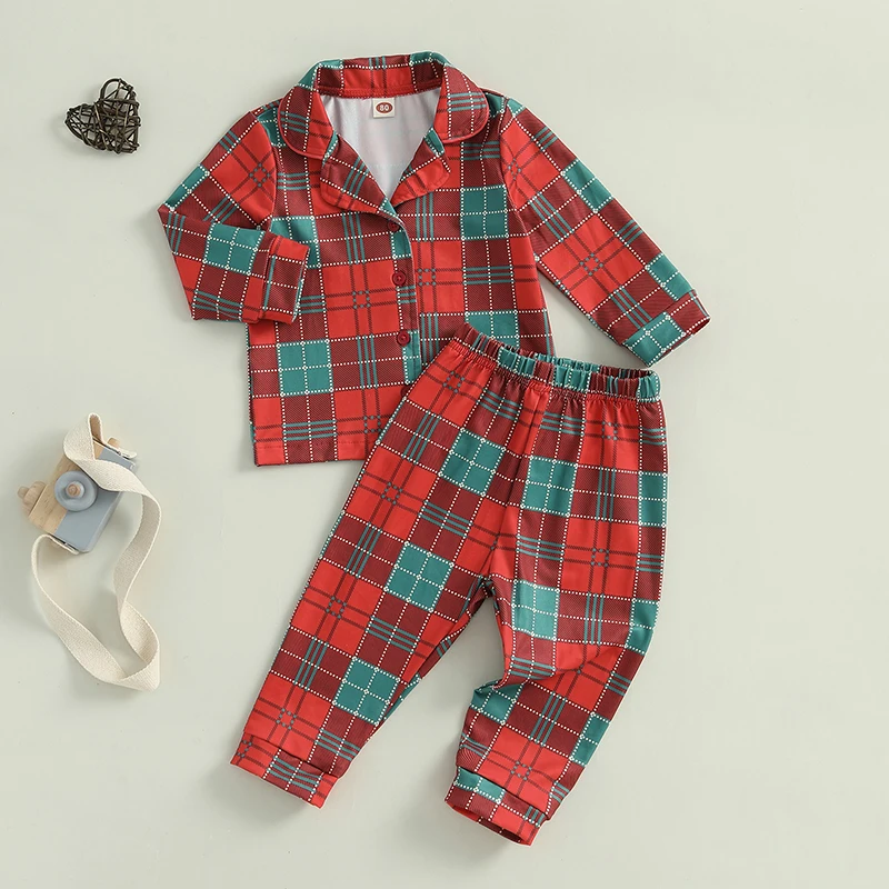 6M-5Y Kids 2Piece Christmas Plaid Pajamas Set Lapel Neck Button Long Sleeve Shirt Tops Long+Elastic Waist Pants Sleep Loungewear