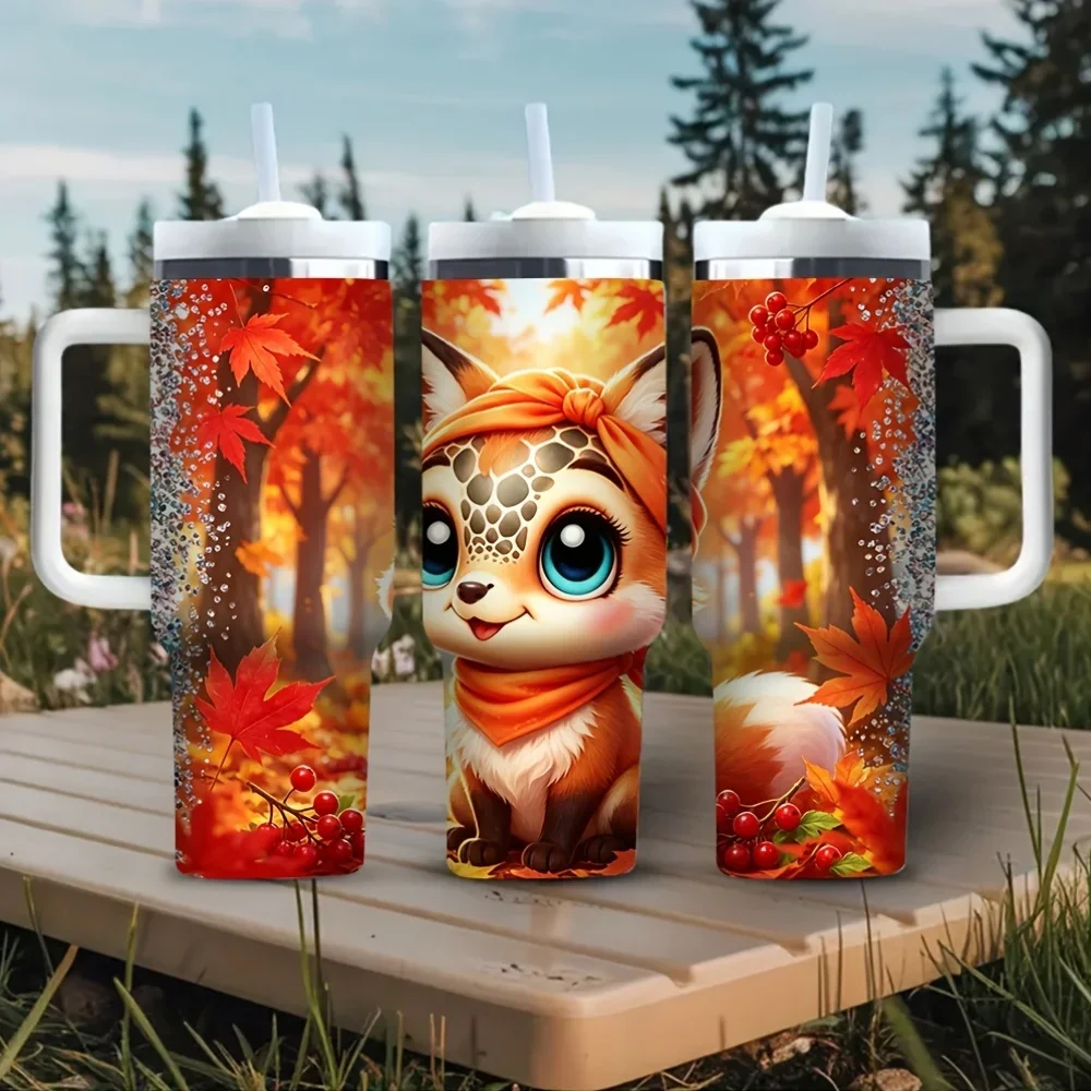 Cute Autumn Fox Maple Berry Print 40Oz Tumbler with Handle, Suitable for Everyone, Ideal for Fall Season, Perfect for Outdoor Daily Use, Fits Both Hot And Cold Drinks