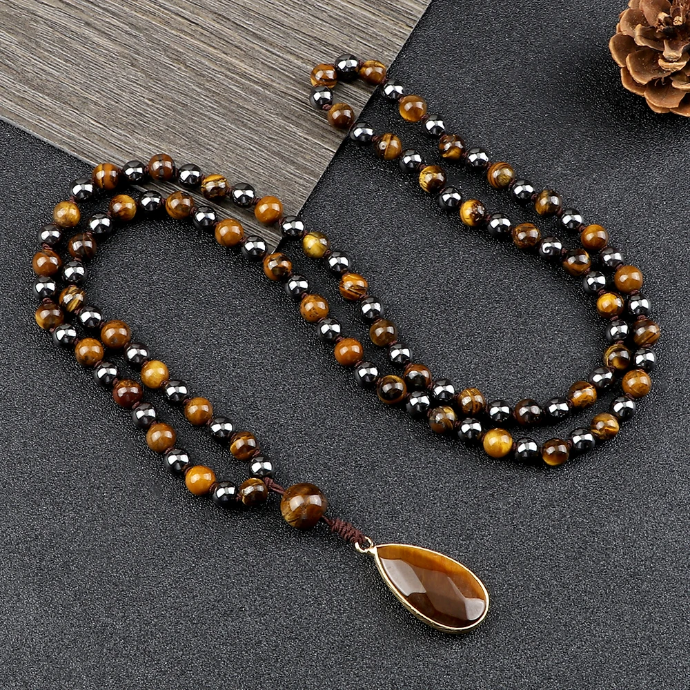 Vintage Men 108 Mala Beads Necklaces 6mm Natural Tiger Eye Stone Onyx Beads Prayer Necklace Drop Pendant Women Yoga Jewelry Gift