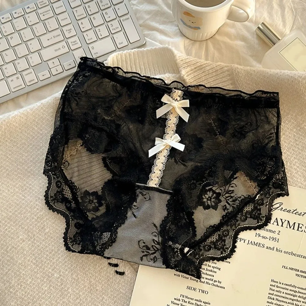 

Lingerie Cotton Crotch Sweet Lace Panties Mid Waist Mesh Underwear for Women Transparent Bow Lace Flower Briefs Lady