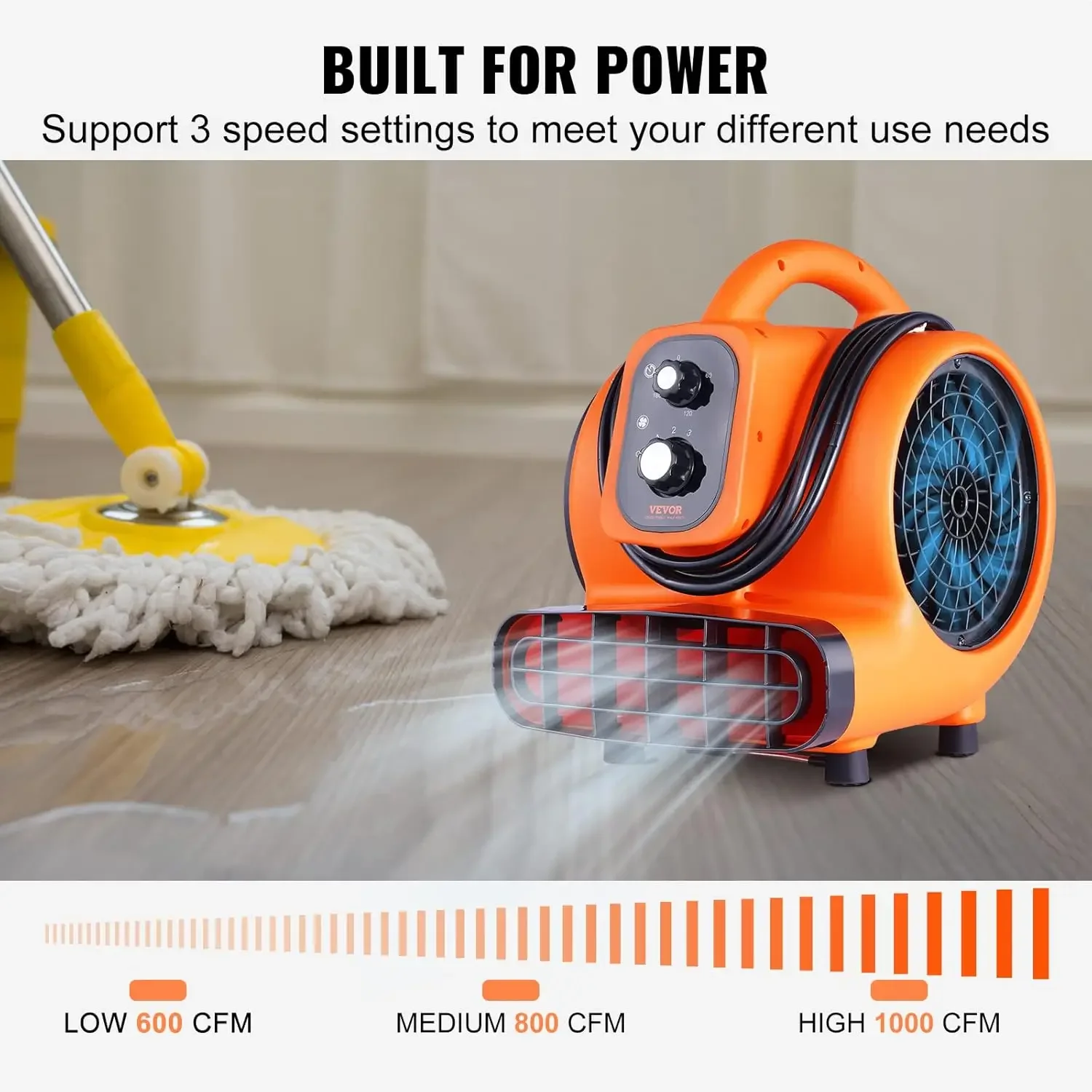 

Air Mover, 1/4 HP 1000 CFM Carpet Dryer for Cooling and Ventilating, Portable Floor Blower Fan with 4 Blowing Angles and Time
