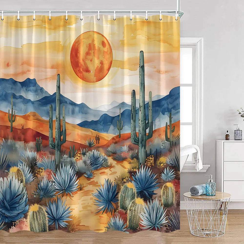 Western Desert Cactus Shower Curtains Watercolor Tropical Plants Sunset Mountain Country Floral Scenery Bathroom Curtain Decor