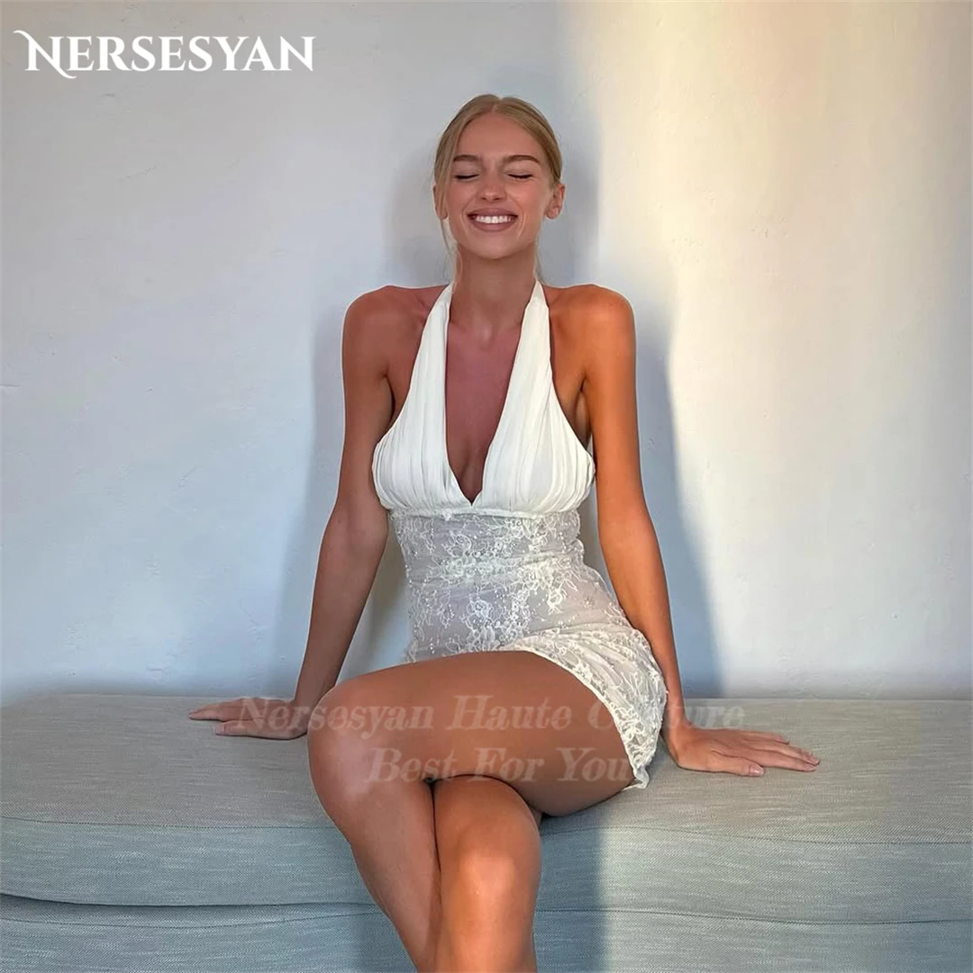 

Nersesyan Sexy Lace Prom Dresses Off Shoulder Appliques Solid Bodycon Mini Dress Halter Backless Cocktail Party Gowns Customized