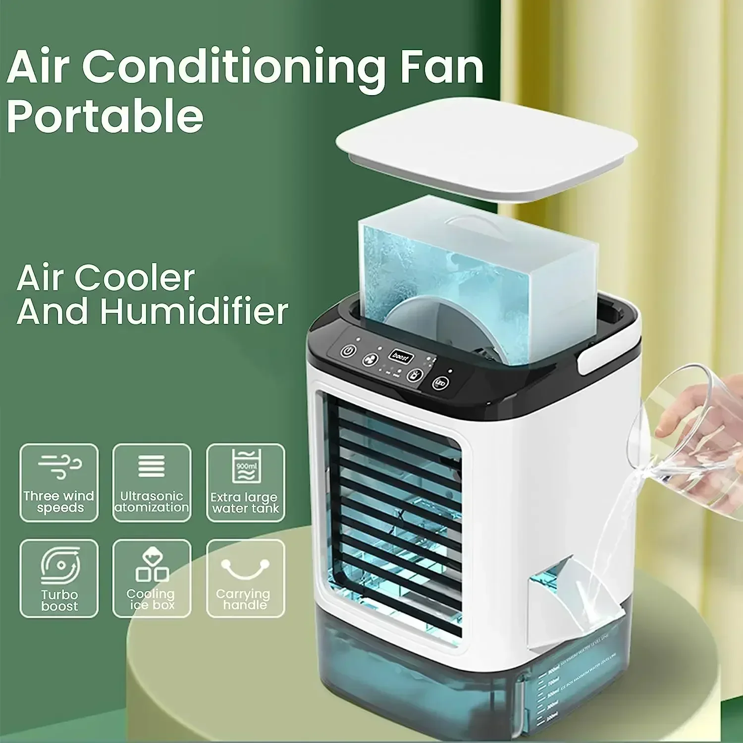 Air Conditioner Portable Fan Desktop Dual Spray Ultrasonic Atomization 3-Speed Mute Air Cooler Night Light Electric Fan for Home