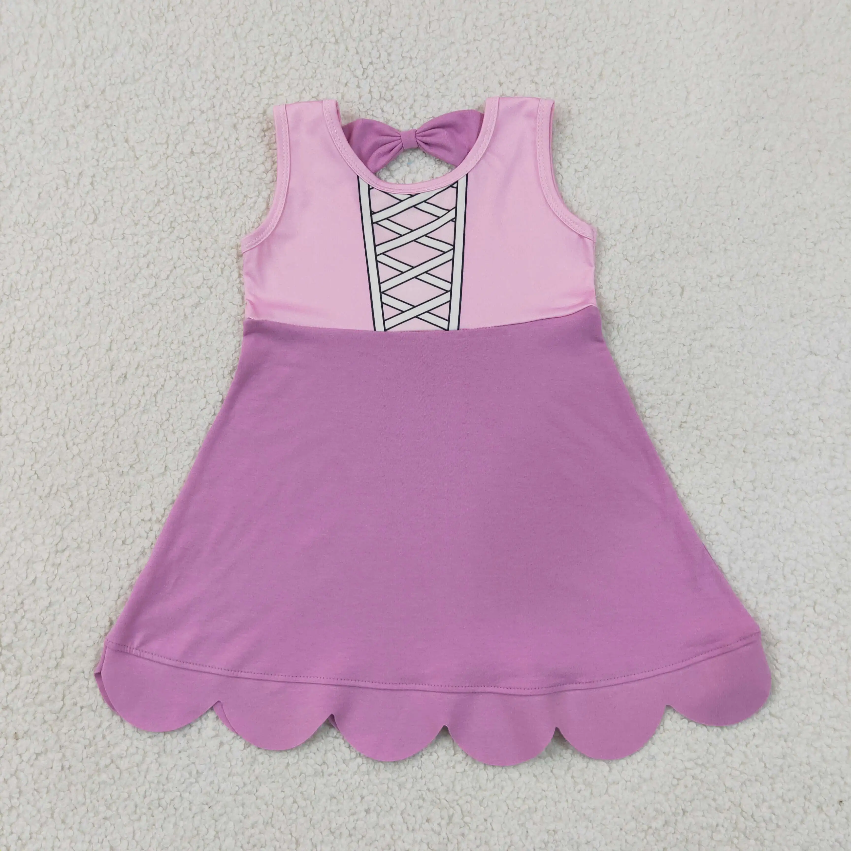 Wholesale Girls Sleeveless Purple Knee Length Dress Children Baby Girl Bows Scalloped Clothes Kids Toddler Summer Clothing