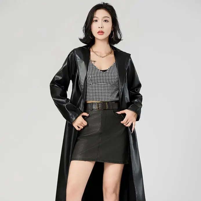 

Женская модная кожаная ветровка против морщин, 2022, летучая мышь Sli Punk Sle Long Sve, общая шелковую верхнюю одежду для среднего возраста.