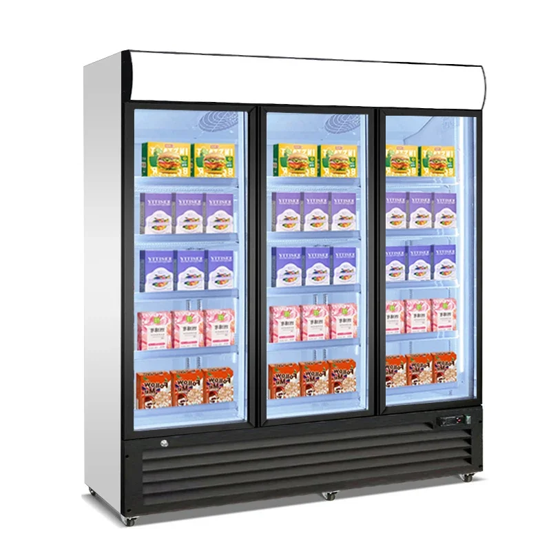 3 Door Commercial Smart Fridge Frozen Meat Showcase Display Stainless Steel Cabinet Freezer Refrigerator With Screen