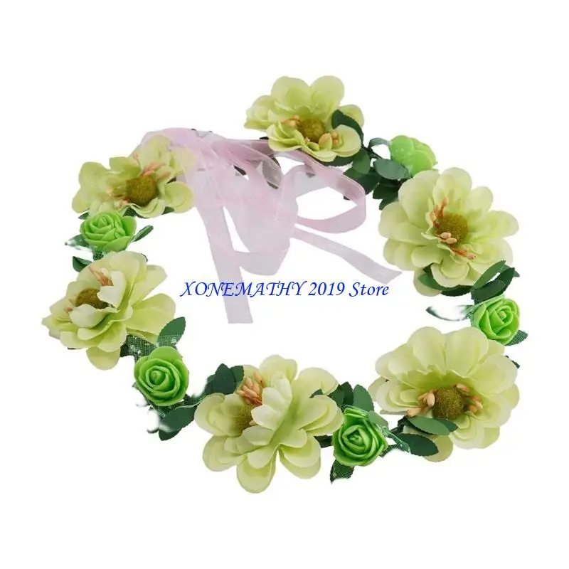 F42F Beautiful Boho Flower Headband Hair Wreath Floral Garland Crown Headpiece with Ribbon for for Friend Beach Gatherings