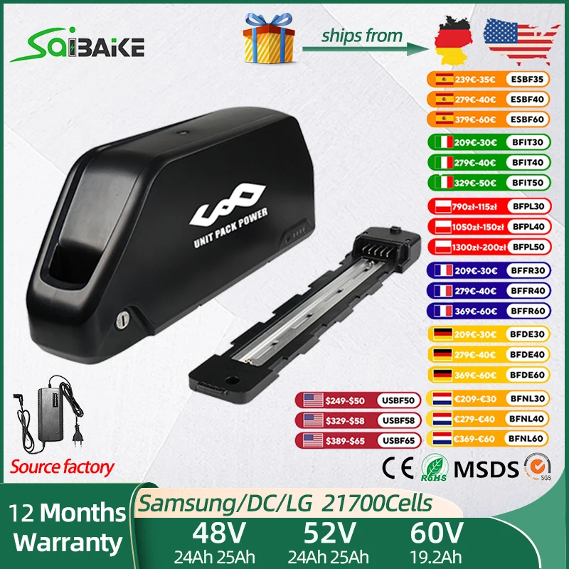 

Polly 48V 25AH 24AH Ebike Battery Downtube 52V 25AH Electric Battery 40A BMS Original 21700 Lithium lon Battery 250W-1800W