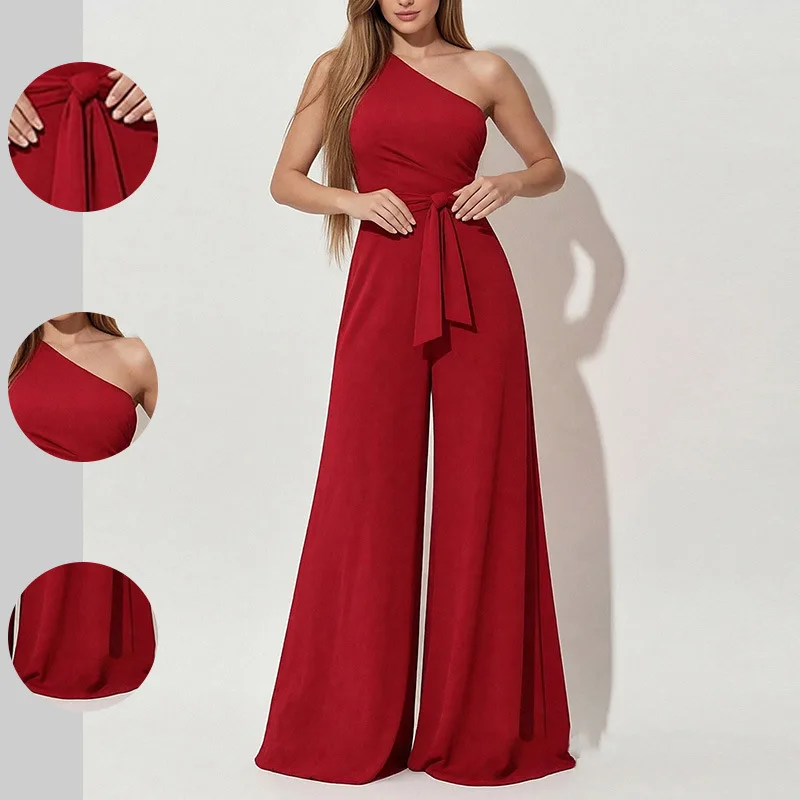 

Women's Elegant Commuting One-Shoulder Strap Straight Jumpsuit Rompers