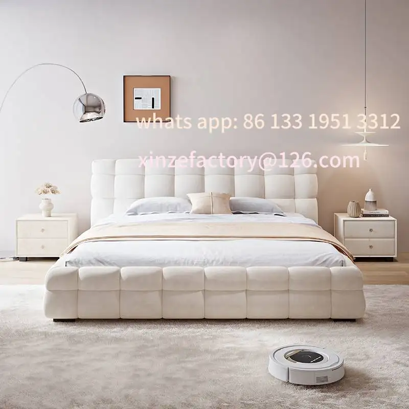 

Customizable Cream Wind Bed French White Marshmallow Fabric Master Bedroom Lamb Fleece Double Soft Bag Customized Home