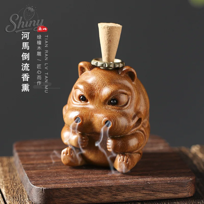 

Green Sandalwood Carving Lovely Hippopotamus Reverse Flow Incense Bedroom Home Creative Incense Smoker Ornaments