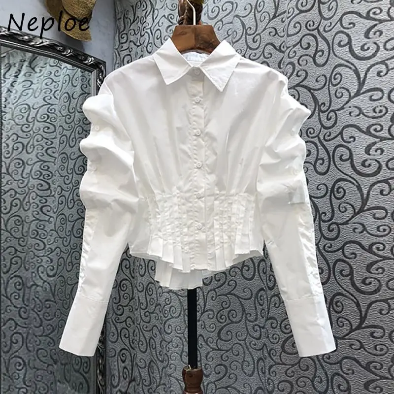 Neploe Turn Down Collar Solid Color Long Sleeve Blouses Pleated Single-breasted Shirts Autumn Vintage Blusas Mujer De Moda 2024