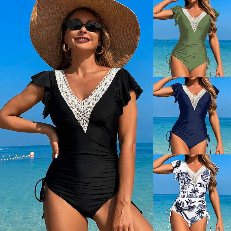 

Bathing Suit Women Swimsuit Women's Nylon Plain Flying Sleeve One-piece Swimsuit Spot Swimwear