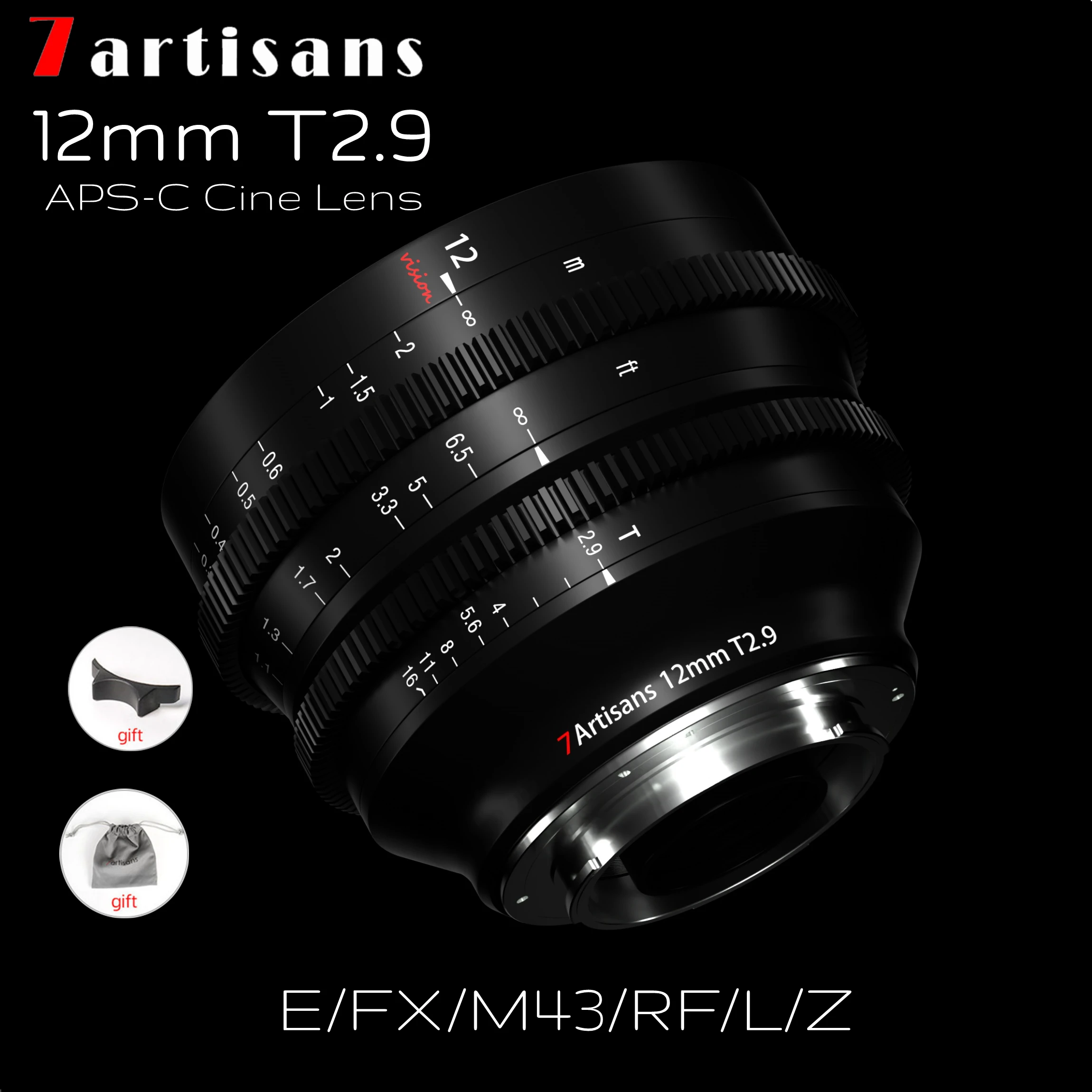 7artisans 12mm T2.9 APS-C Cine Lens Large Aperture Wide Angle For SonyE Fuji FX Red/Canon RF Nikon Z Panasonic M43 Leica/Sigma L