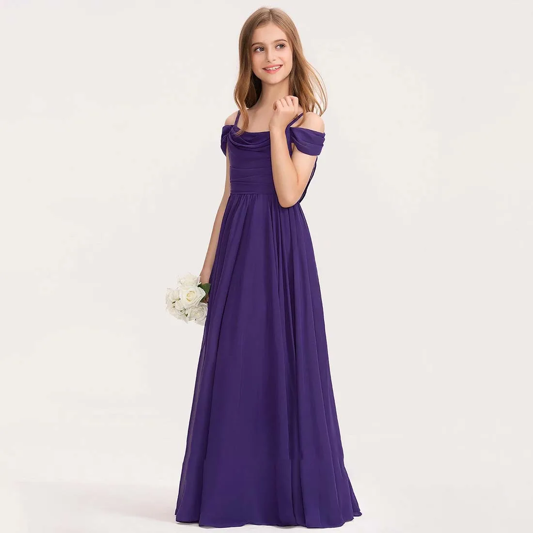 YZYmanualroom Chiffon Junior Bridesmaid Dress A-line Cold Shoulder Floor-Length 2-15T