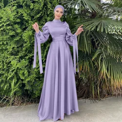 Fashion Women Satin Muslim Dress Hijab Arabic Pleated Abaya Dubai Balloon Sleeve with Ribbon Islamic Dress With belt wy1589