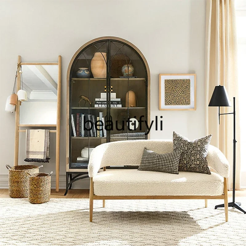 

07 American-style Light Luxury Solid Wood Bookcase Living Room with Glass Door Decorative Cabinet Arched Display Cabinet