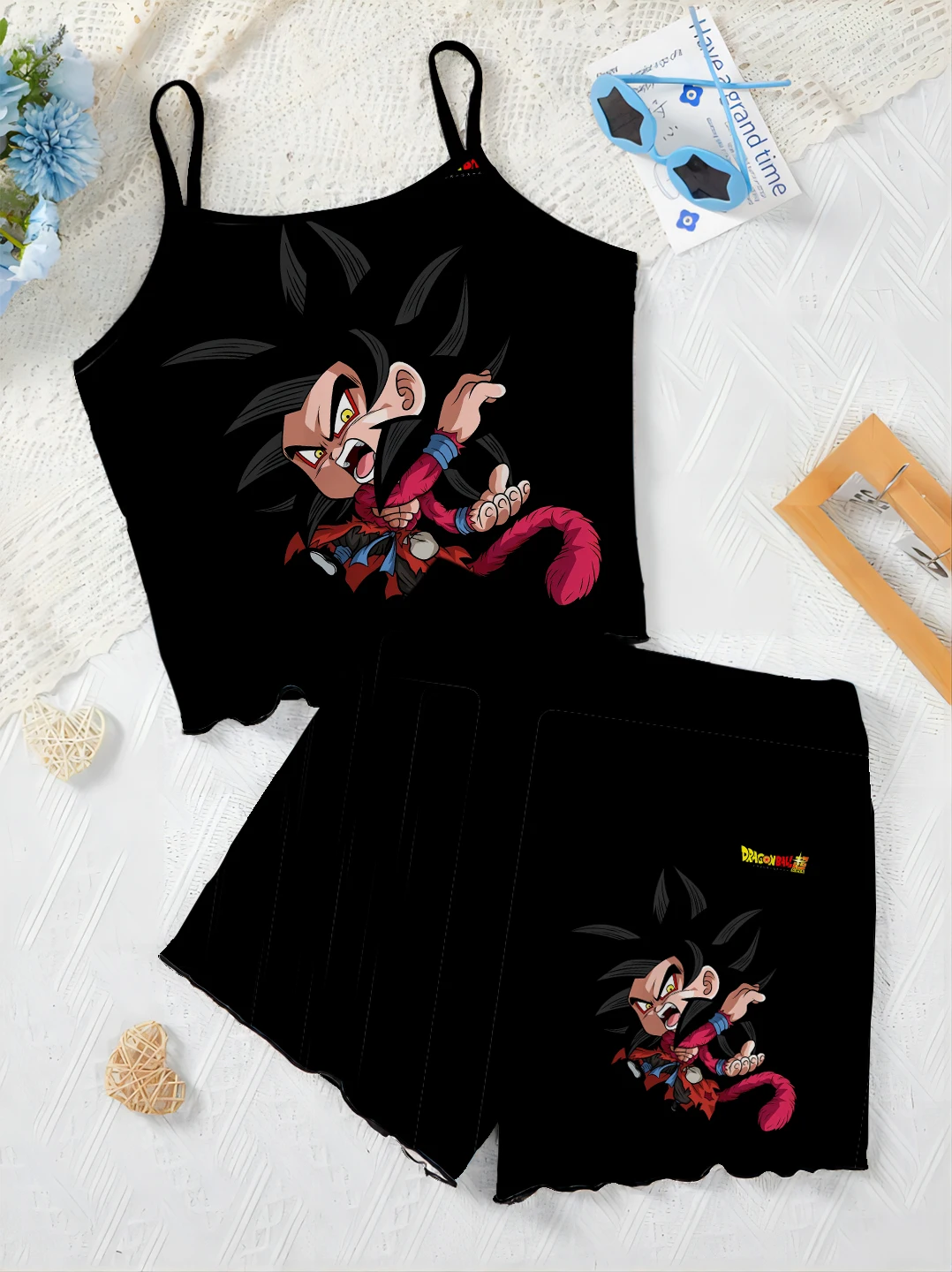 Slip Dress Short Sets for Women 2 Pieces T-shirt Women's Suit Top Pajama Skirt Dragon Ball Son Goku Two Piece Set Lettuce Trim