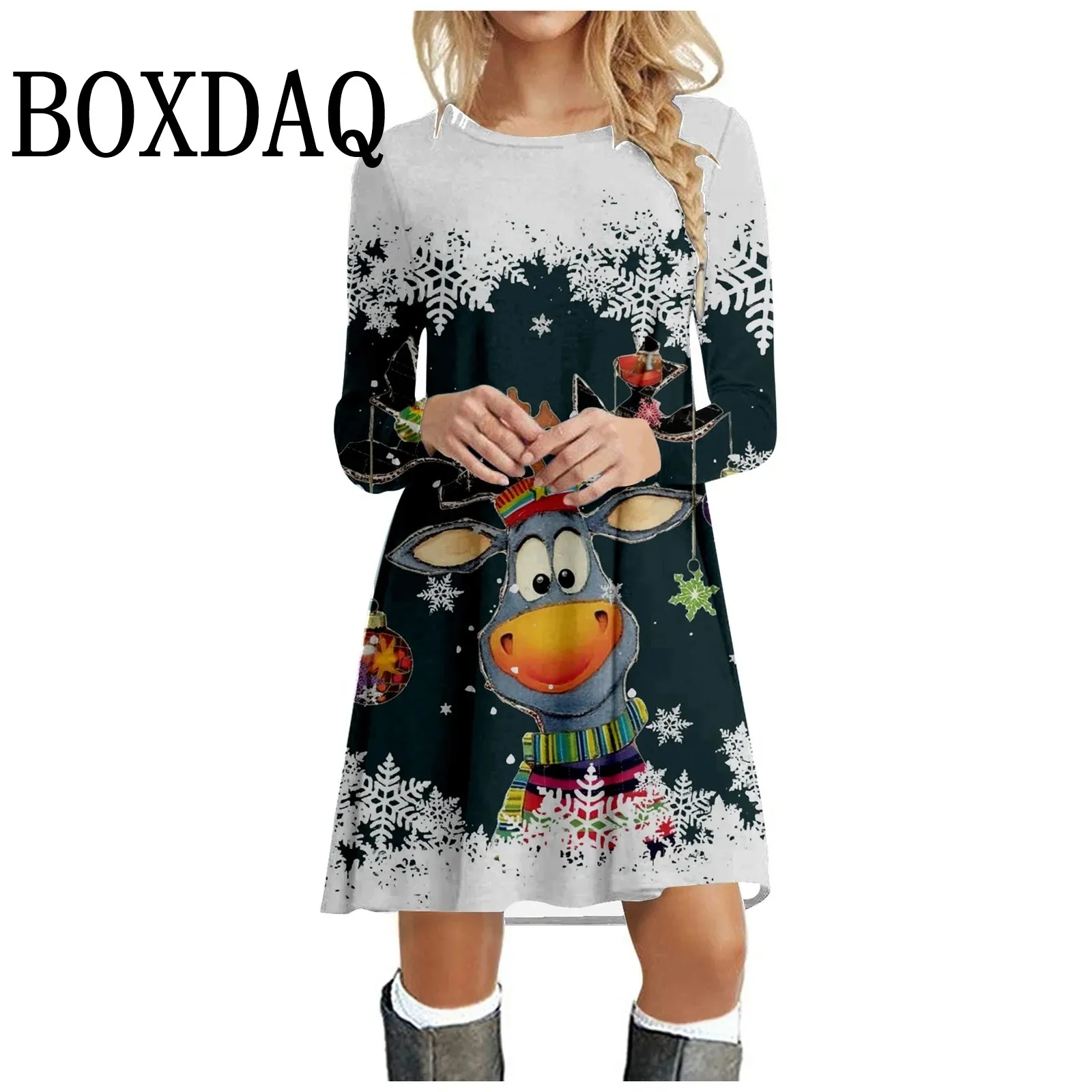 

Christmas Party Dresses For Women 2024 Autumn Winter Casual Xmas Elk Snowman Print Mini Dress New year 2024 Woman Dress Gift