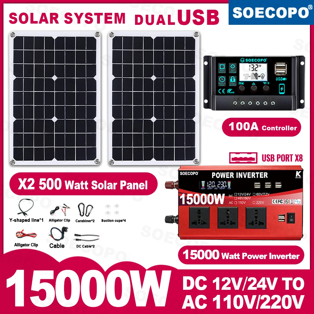 Image of SOECOPO 15000 W Solar Kit 2*500 W Photovoltaik Panels 12 V Zu 110 V 220 V Inverter 100A Controller Balkon Kraftwerk für Camping