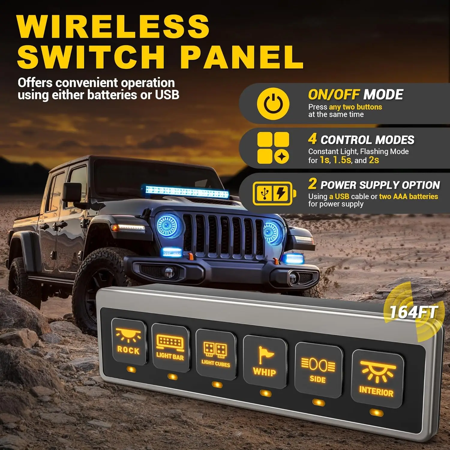 6 Gang Wireless Switch Panel 4x4 Relay Control Box Automatic Dimmable LED 12V Touch Switch Panel for Race Car Truck RV Off Road