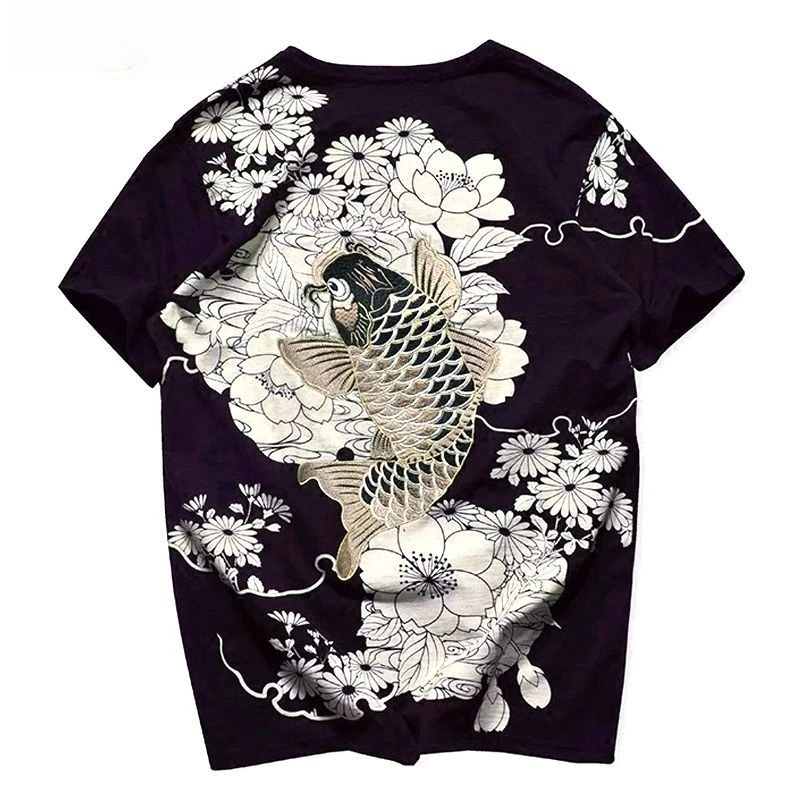 Mens T Shirt Cotton Koi Fish Embroidery Chinese Style Harajuku Unisex Loose Fit Plus Size Casual Streetwear Summer Fashion Trend