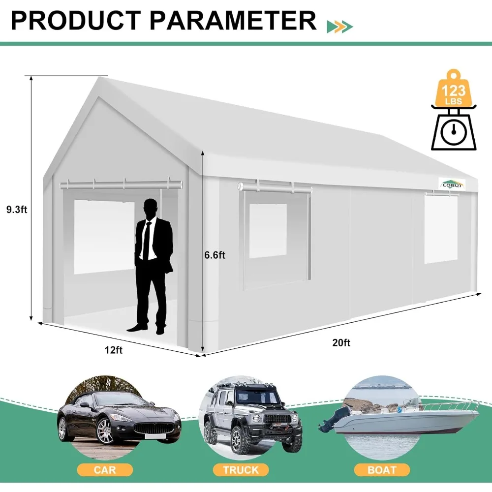 Car Ports 12x20 Heavy Duty Portable Garage, Upgraded Canopy with Removable Sidewalls, Ventilated Windows & Built-in Sandbags, W