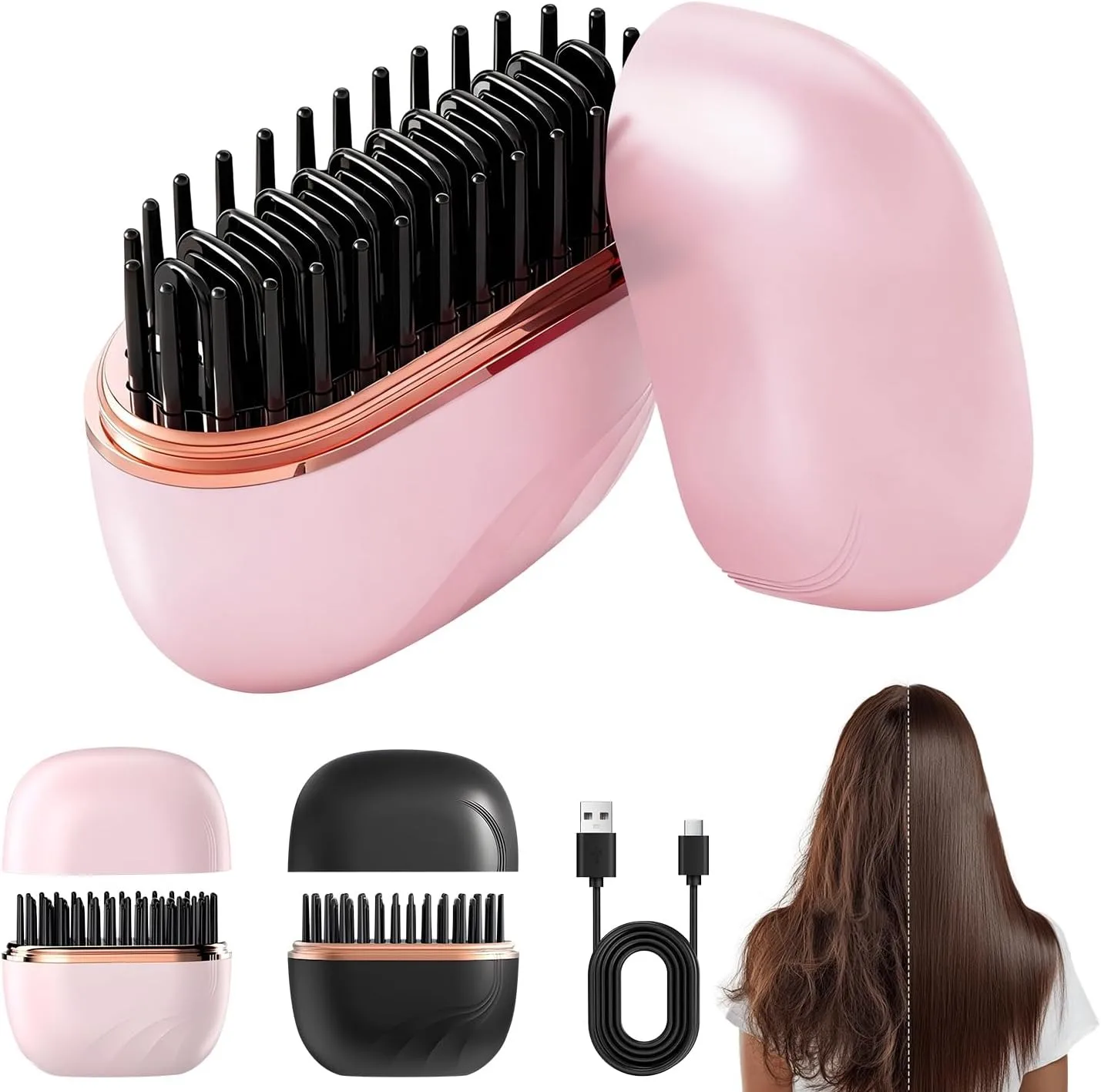 

Mini Rechargeable Hair Straightener Brush: 3-Speed Temp Control, Anti-Scald Shell, Lightweight & Portable for Travel