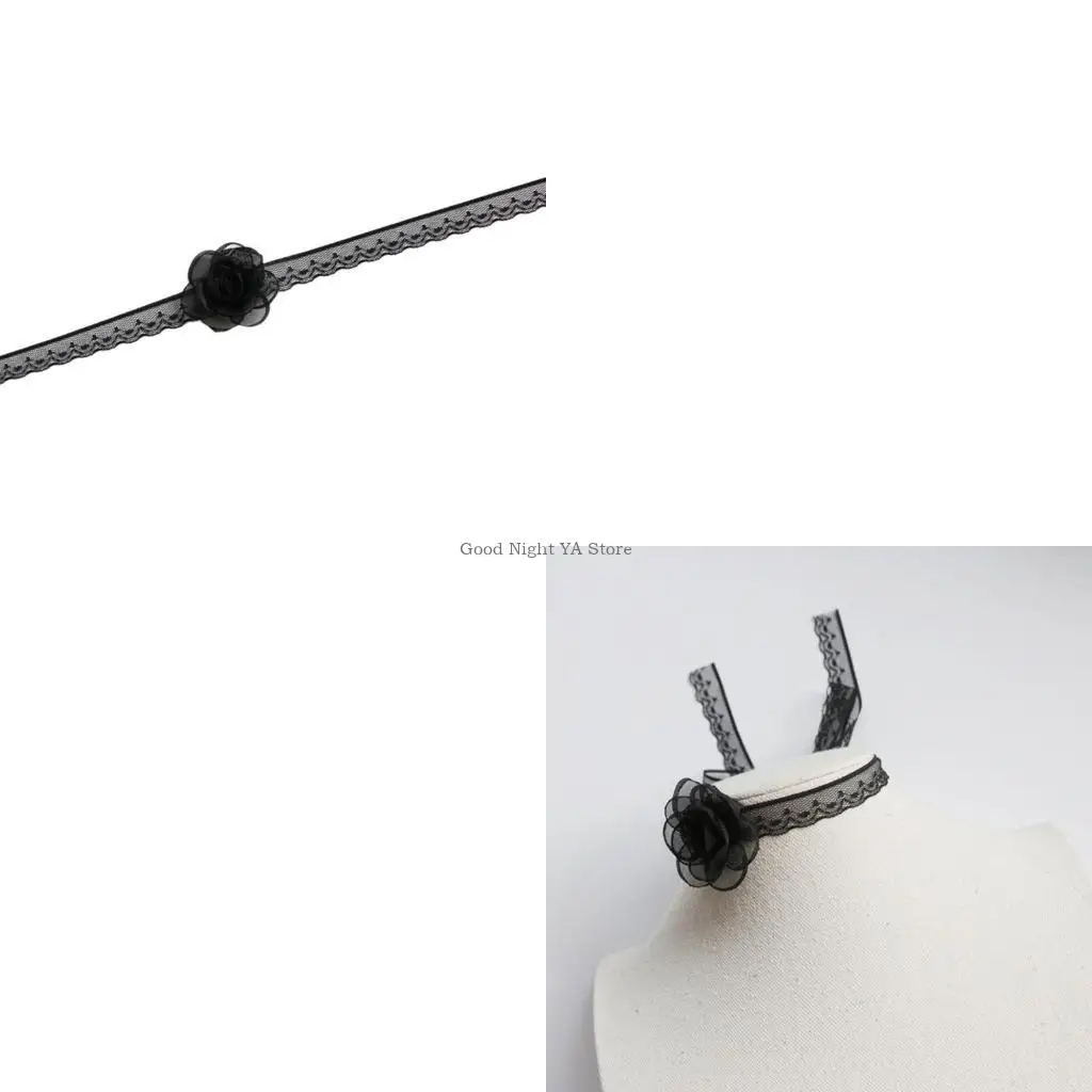 

Gothic Black Camellia Flower Choker Necklace Headband Floral Headwear Jewelry