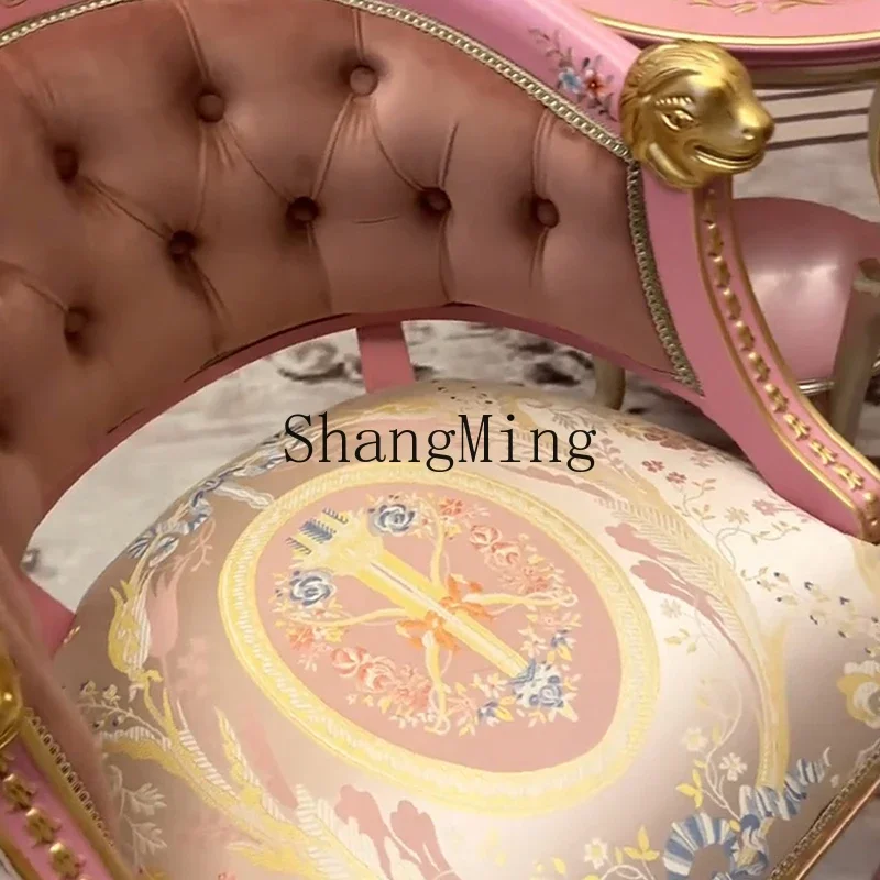 

FG home retro small sofa round few villa solid wood carving flower light luxury modern single chair