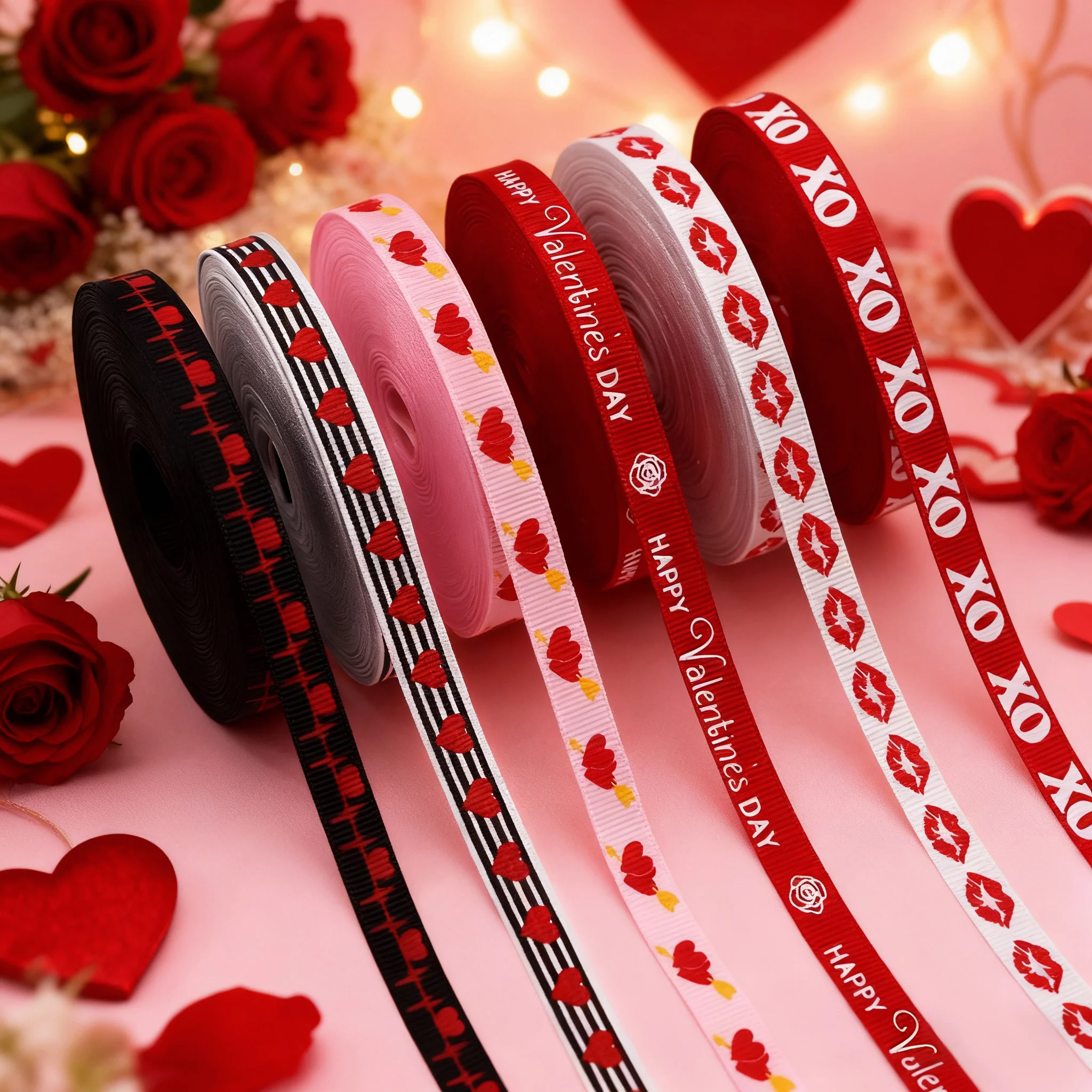 1 Rolle 1 cm * 450 cm Happy Valentine'S Day Geschenkverpackungsband für Valentinstag, Hochzeit, Party, DIY, Schleife, Geschenk, Dekoration, Bastelband