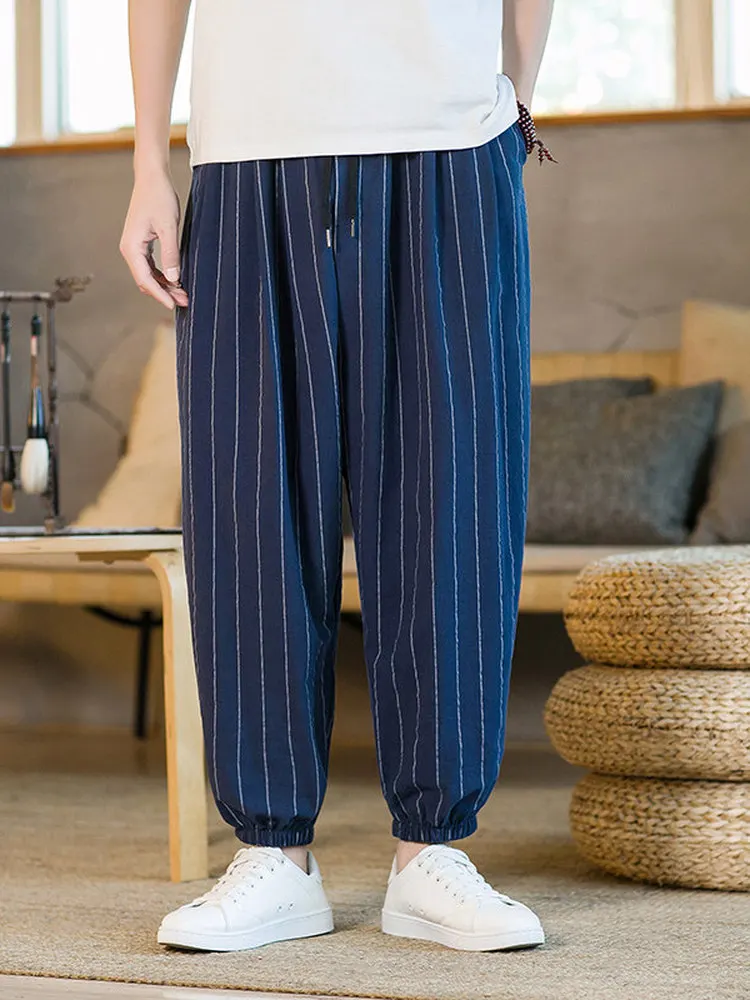 

Мужские повседневные брюки оверсайз из хлопка и льна, летние 2025, в полоску, свободные, молодежные, дышащие, удобные, в стиле Харадзюку