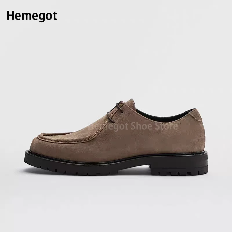 Brown Suede Derby Shoes Men\'s Thick Sole Lace-Up Casual Shoes Blue Suede Leather Dress Shoes Office High Quality Leather Shoes