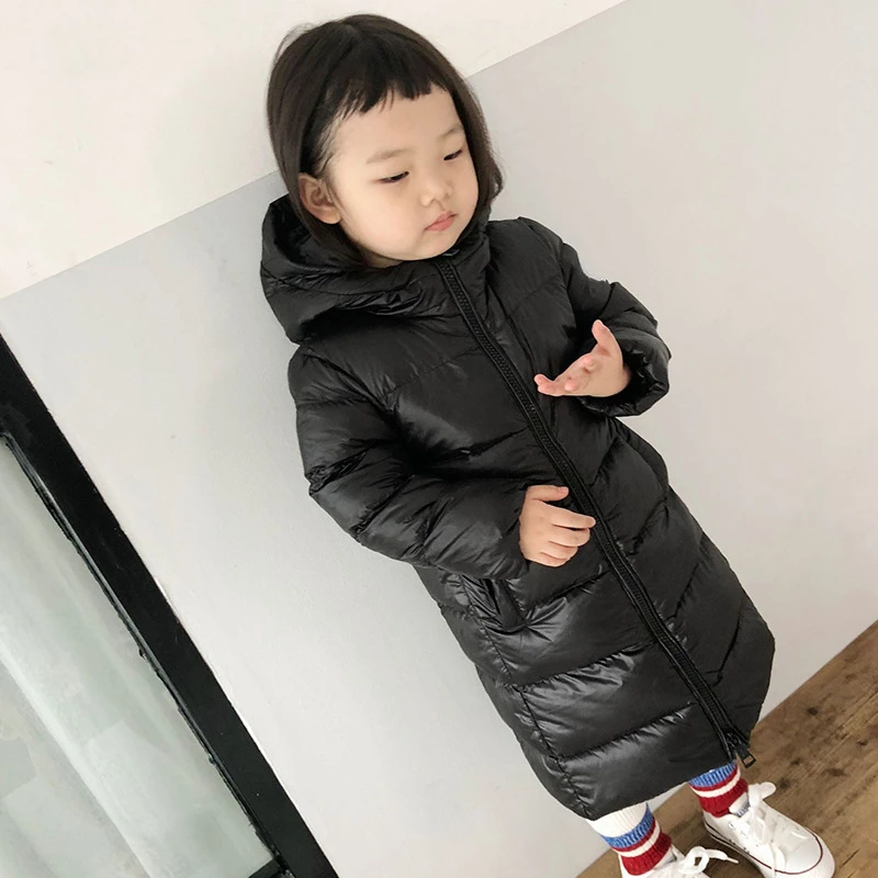 Kids Medium Length Down Jacket Boys and Girls' White Duck Down Knee Length Hooded Thick Down Jacket Children Coat