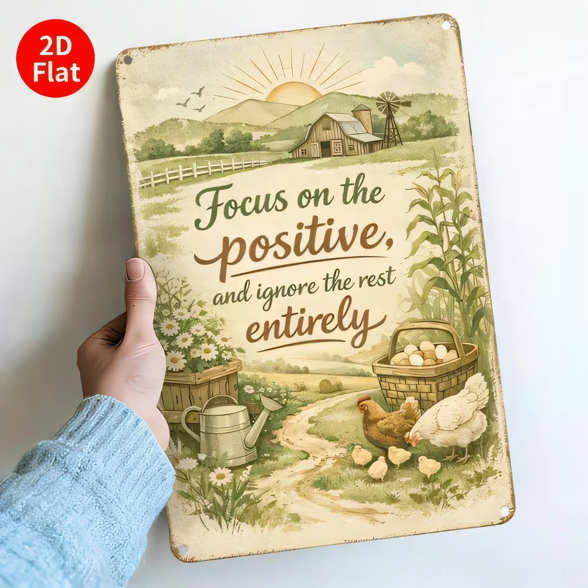 Tin Sign “Focus on the Positive” Farmhouse Inspirational Quote Metal Plaque Wall Decor  Vintage Rustic Style for Kitchen Living