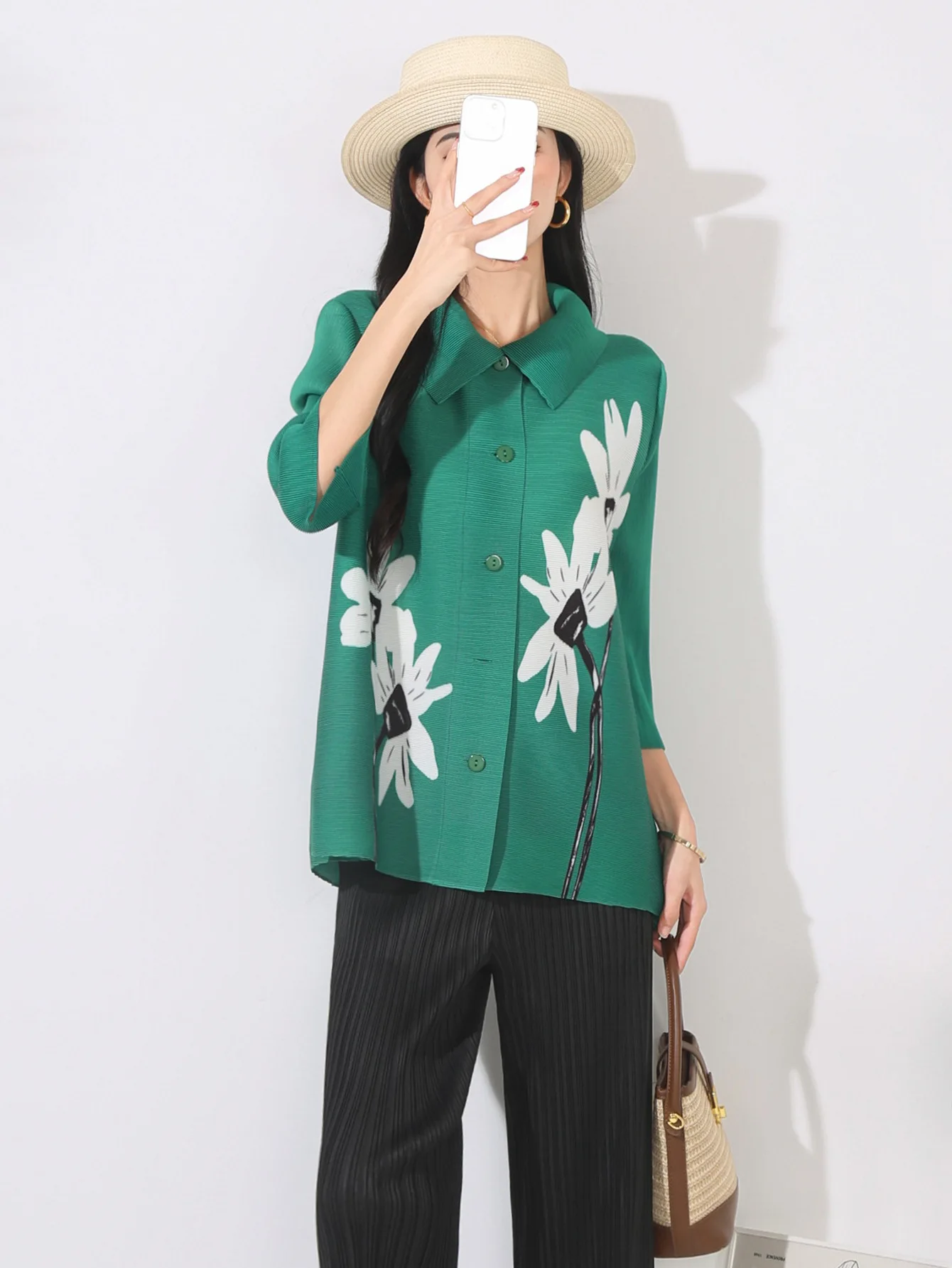 Miyake Flower Printed Shirt Women Lapel Single Breasted Three Quarter Sleeves Pleated Shirts Female New Fashion Clothes