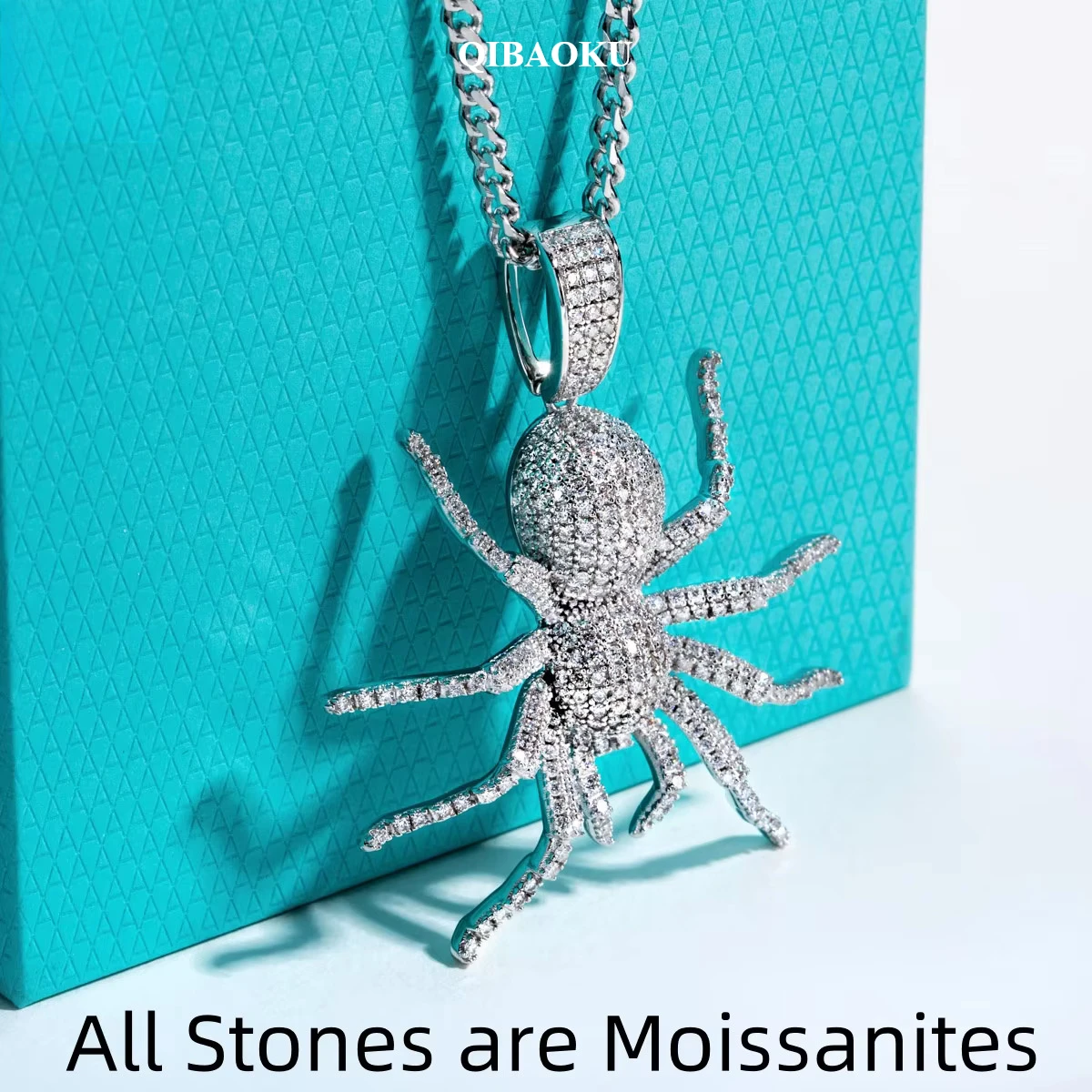 QIBAOKU Moissanite Spider Necklace S925 Silver 18K Gold Plated Cool Pendant 60cm Layered Metal Hip Hop Jewelry for Men 2026