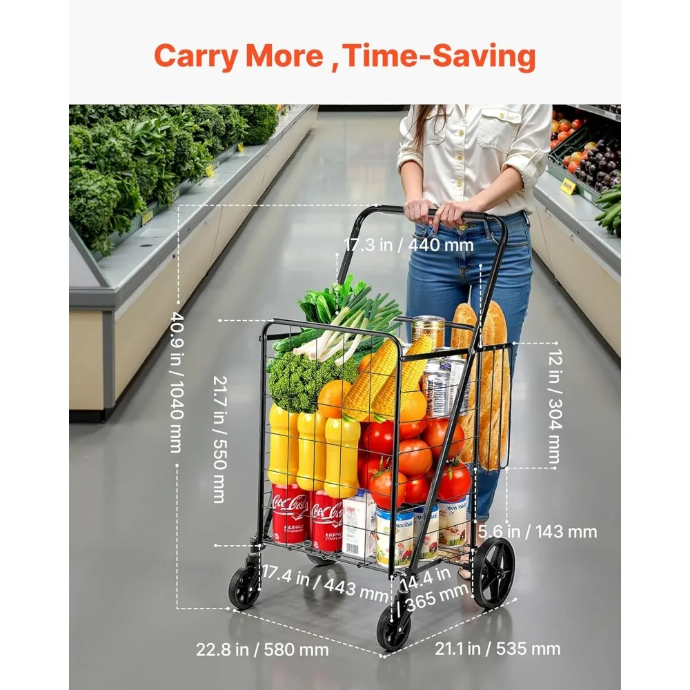Carro de compras plegable gigante con cestas dobles, 360 °   Ruedas giratorias, capacidad de 110 libras para uso resistente