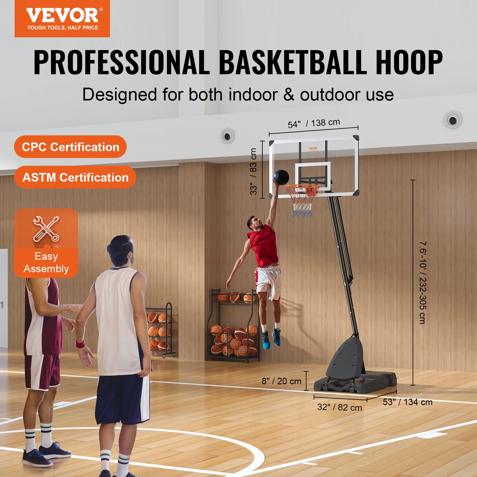 VEVOR 54inch Basketball Hoop Outdoor 7.6-10 ft Adjustable Height Portable Basketball Hoop Goal System for Kids Youth and Adults