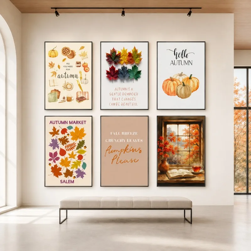 Autumn Market Canvas Wall Art Hello Autumn Pumpkin Maple Leaf Print Fall Quote Poster Farmhouse Decor Thanksgiving Home Decor