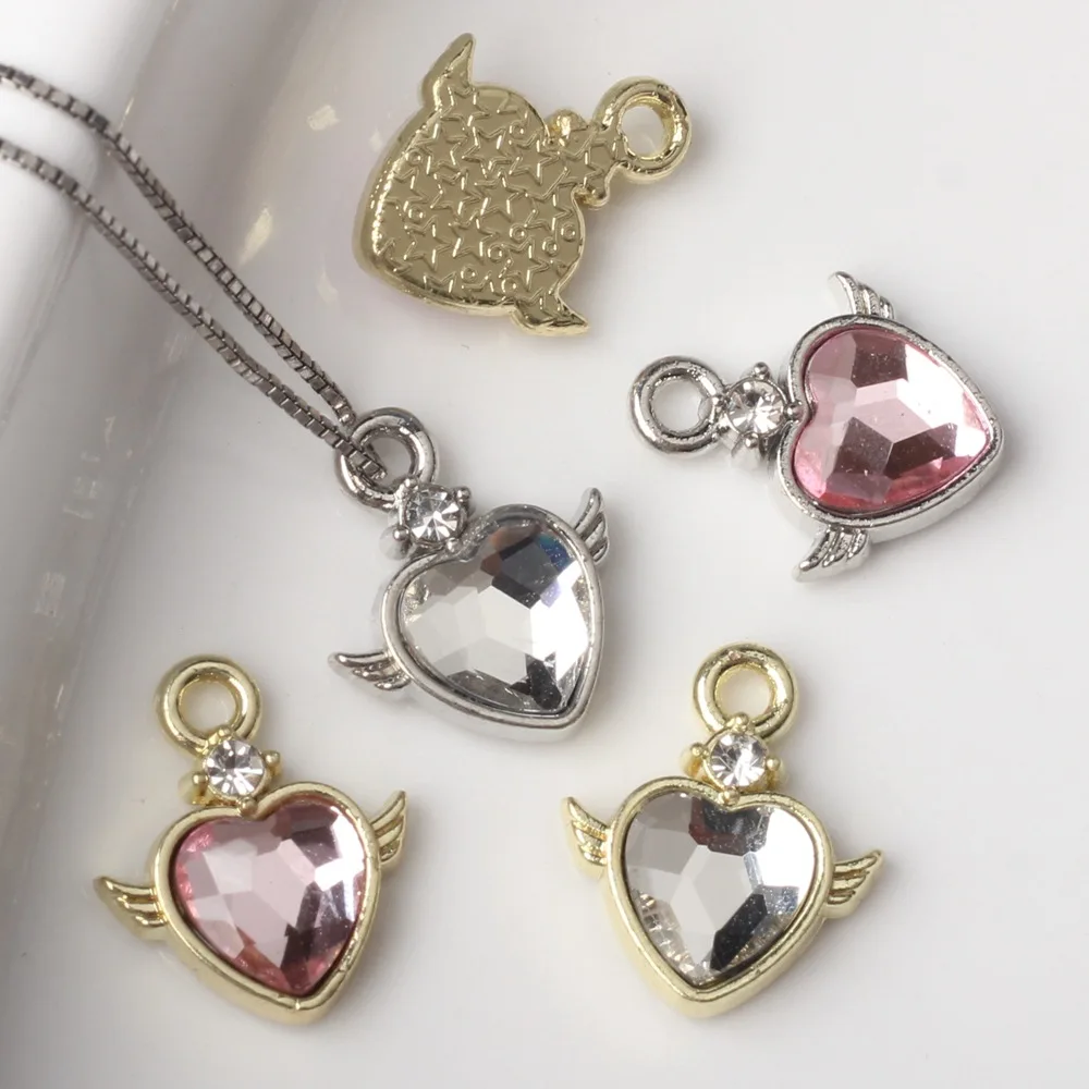 10 قطعة/الوحدة 11*13 مللي متر سبائك الزنك حجر الراين على شكل قلب الجناح قلادة جالبة للحظ عقد دي اي واي سوار أقراط اكسسوارات #2