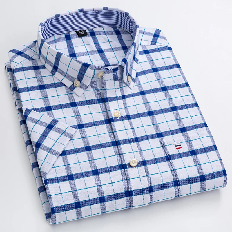 New High Quality Cotton Shirts for Men Short Sleeve Summer Plaid Striped Male Business Casual White Shirt Plus Size -5XL6XL-7xl