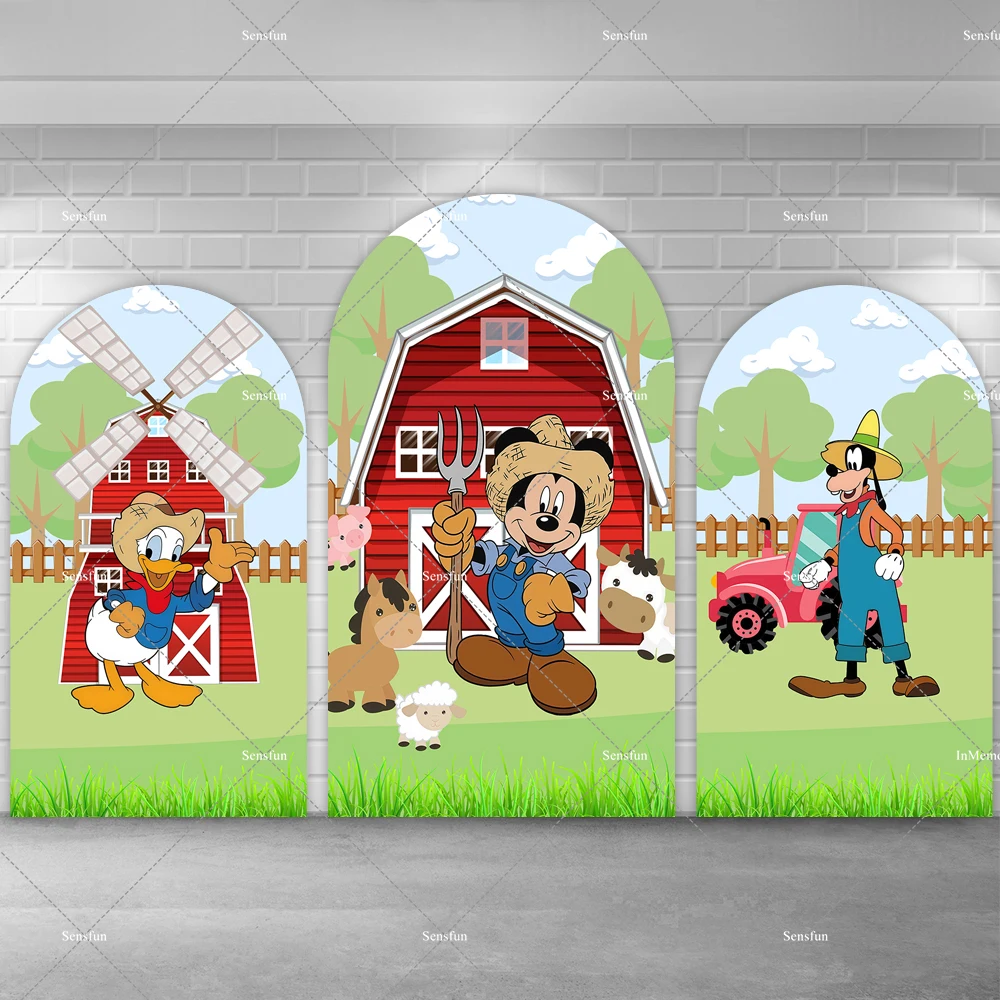 

Фермер Микки Дональд Дак Гуфи Ферма День рождения Тема Арка Фон Фотография Красный Сарай Животные Партии Фон Двусторонний