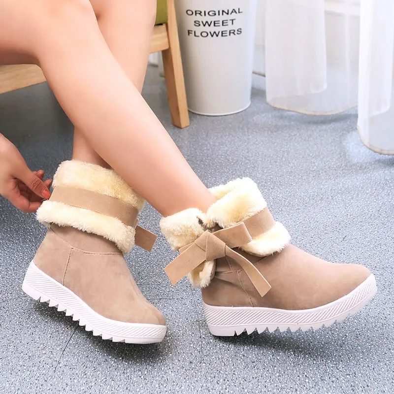 

Winter Women Bowknot Flat Heeled Short Snow Boots Ladies Kawaii Cute Warm Comfortable Ankle Boots Shoes Plus Size 40