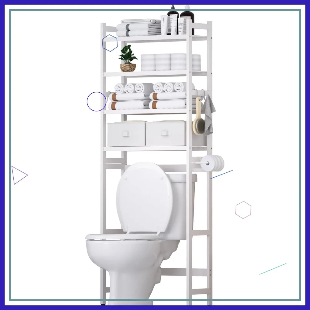 

4-Tier Bamboo Bathroom Organizer with Baskets, Paper Holder & Hooks, Freestanding Toilet Storage Shelf in White